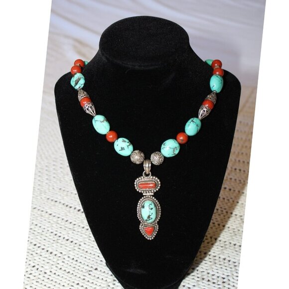 Native American Jewelry - Vintage Turquoise & Coral Necklace Sterling Silver 115.4g Tribal Native American